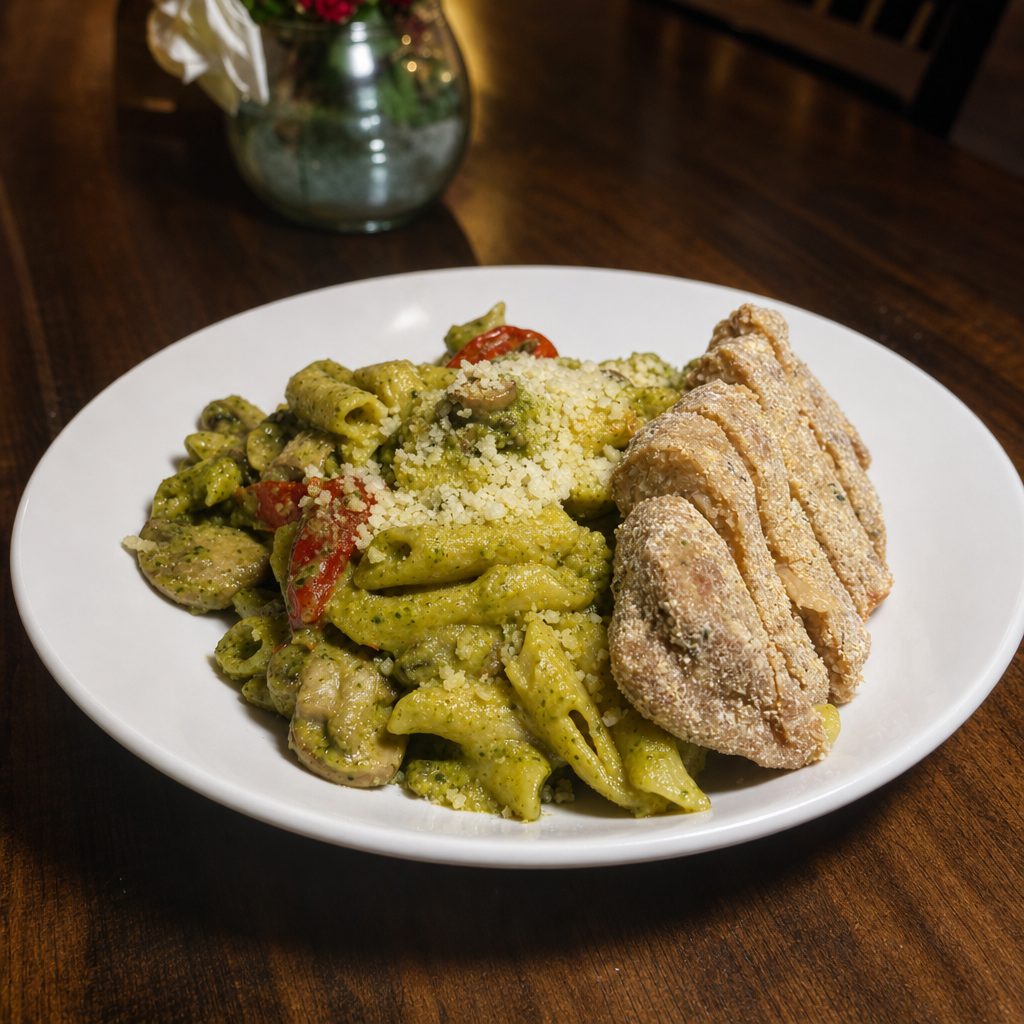 GF Gluten Free Pesto Penne with Crispy Chicken.